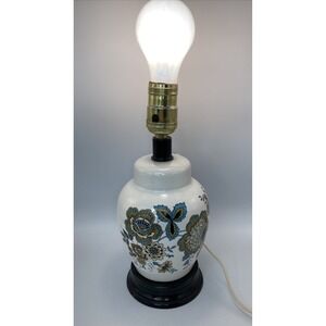 Vintage Miniature Boudoir/ Accent Ceramic Floral Lamp Blue Gold Wood Base
